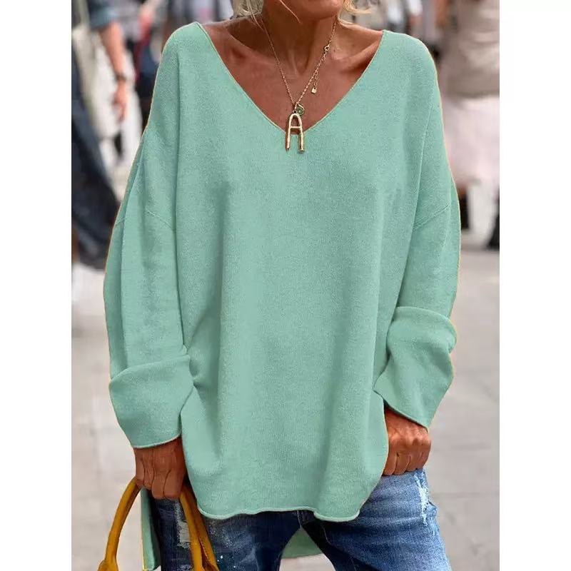 IHUASU Autumn Winter Women's Solid Color V-neck Long Sleeve Loose Casual Comfortable T-shirt Top