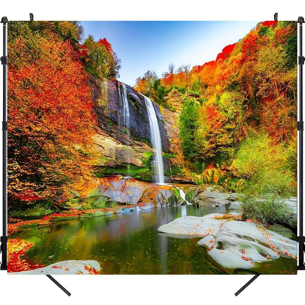 One a backdrop of a waterfall - autumn waterfall stones lake yellow leaves natural scenery photography background.PMJ