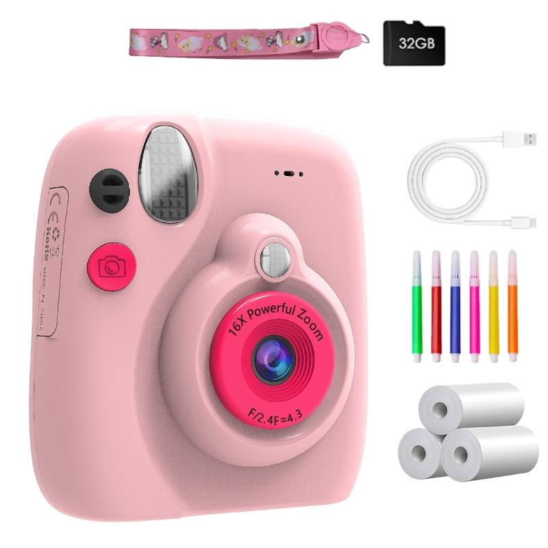 Instantly Print Camera For Kids With 32GB Card Coloring Pen 1080P Retro Design For Ages 3-12 Durability& Safe Materials