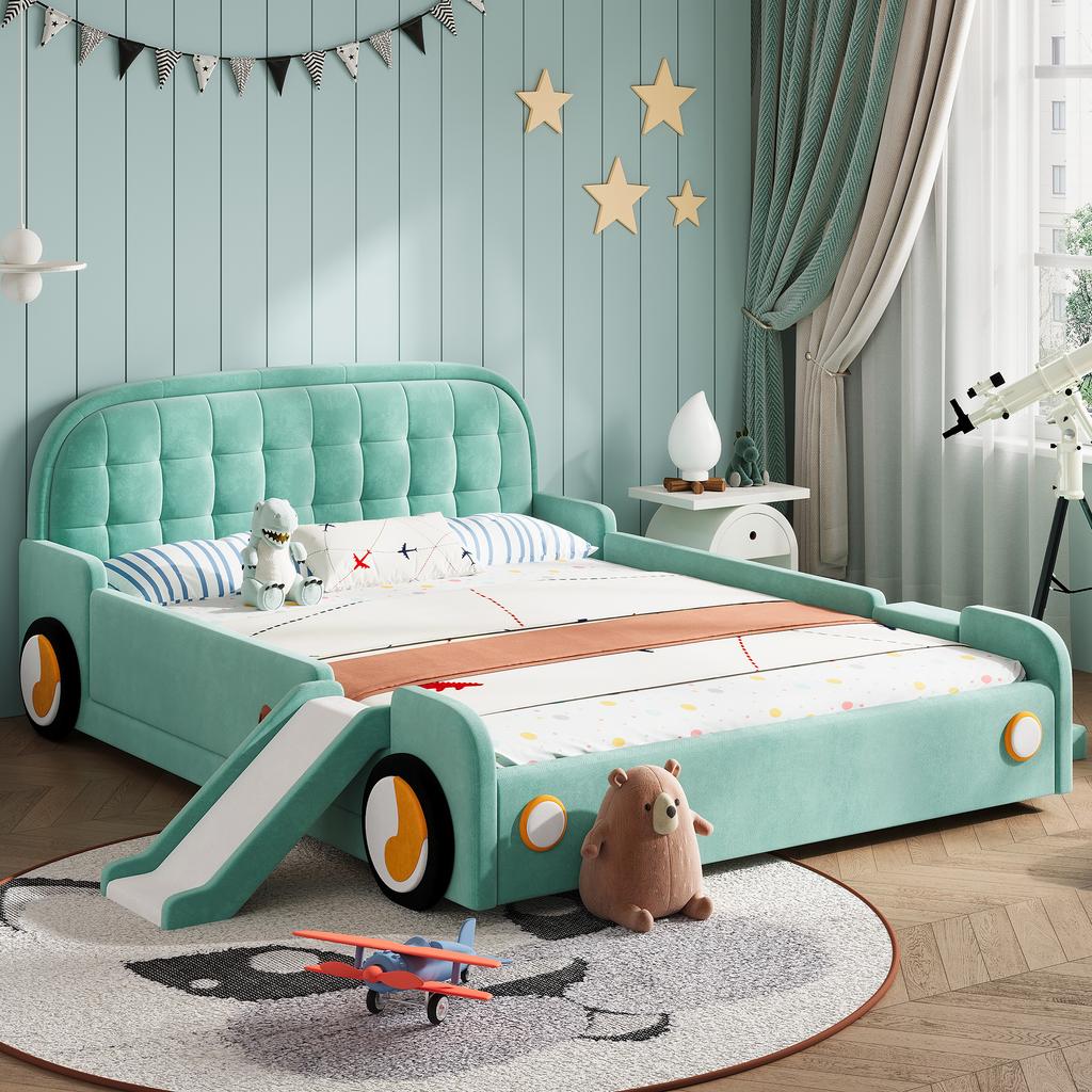Letto, Letto a Forma di Macchina con Scivolo e Scala, Montabile Sinistra/Destra, Letto Imbottito in Turchese, Letto Gioco con Protezione anticaduta per Cameretta dei Bambini, 140x200 cm