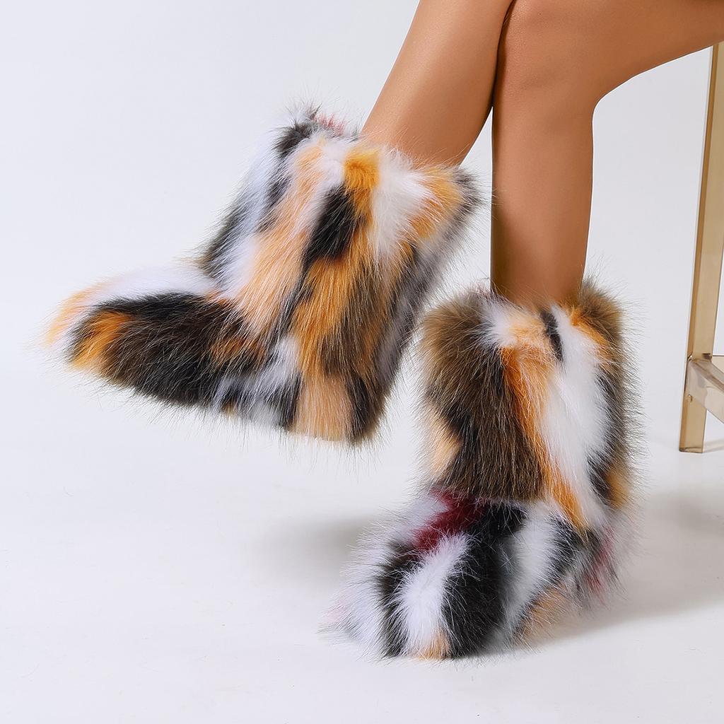 Damenstiefel 2025 Neue Luxuriöse Bequeme Modeschuhe für Damen Outdoor Plüsch Warme Schneestiefel Flauschige Faux-Fuchs-Pelzstiefel Frau