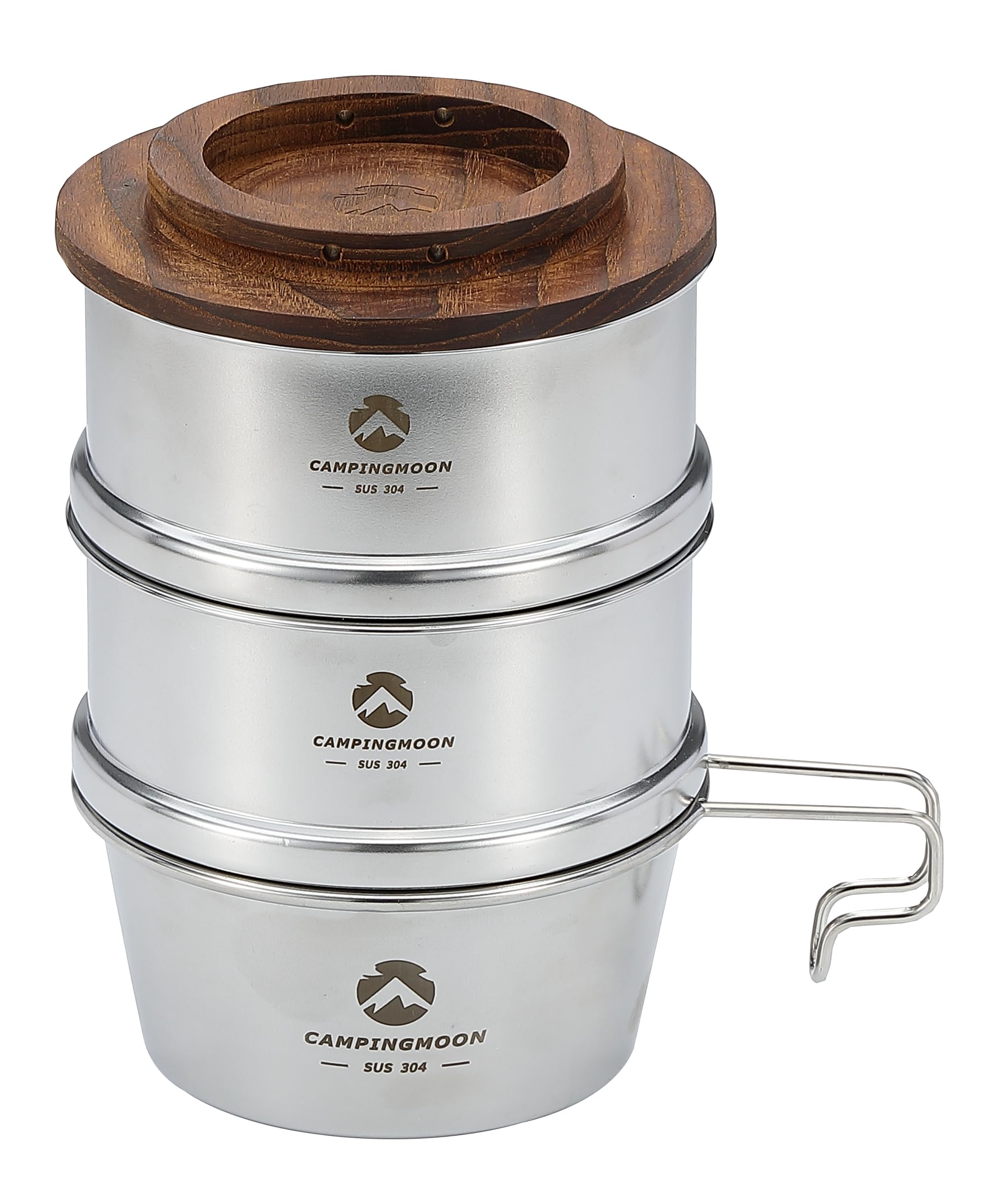 

CAMPING MOON Sierra Cup Steamer Set, 2-Tier, Stainless Steel 304 Stainless Steel, 12cm Diameter, with Wooden Coaster, S-360-362-2P-MG