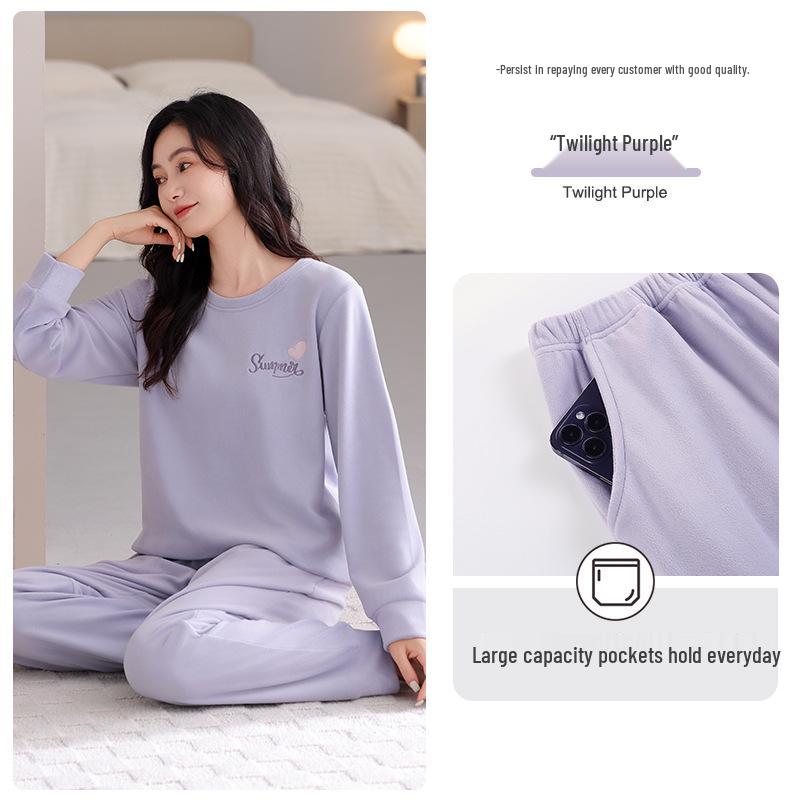 Doppelseitiges Fleece-Pyjama-Set für Damen - Winter, Dickes Samt, Langärmelig, Rundhals, Locker, Lässig, Für Draußen