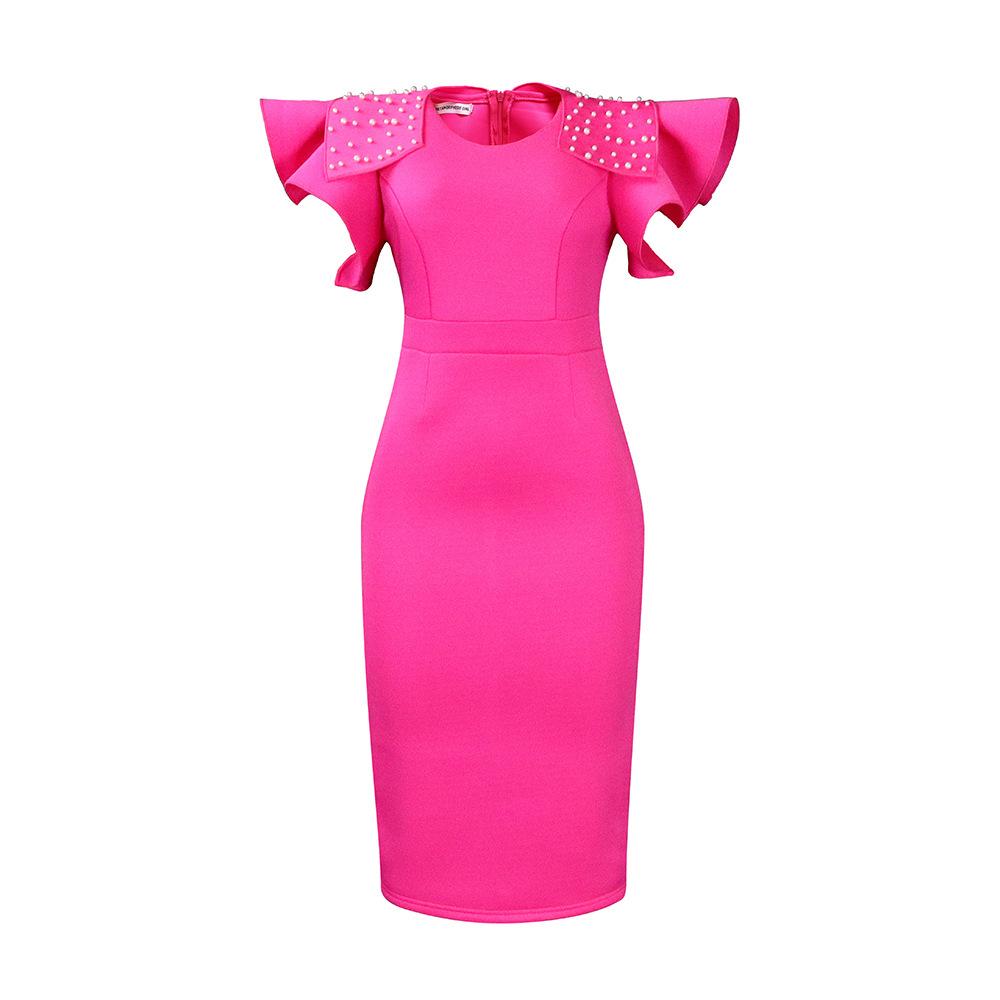 

Elegant European-Style Black Ruffled Skirt Dress with Beaded Sleeves XL рожевий червоний колір