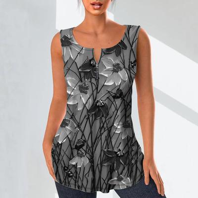 Women's Fashion V Neck Shirts Casual Tops T-shirt Ladies 3D Oil Painting Flowers Print Vest Plus Size Sleeveless Blouse Tank Tops