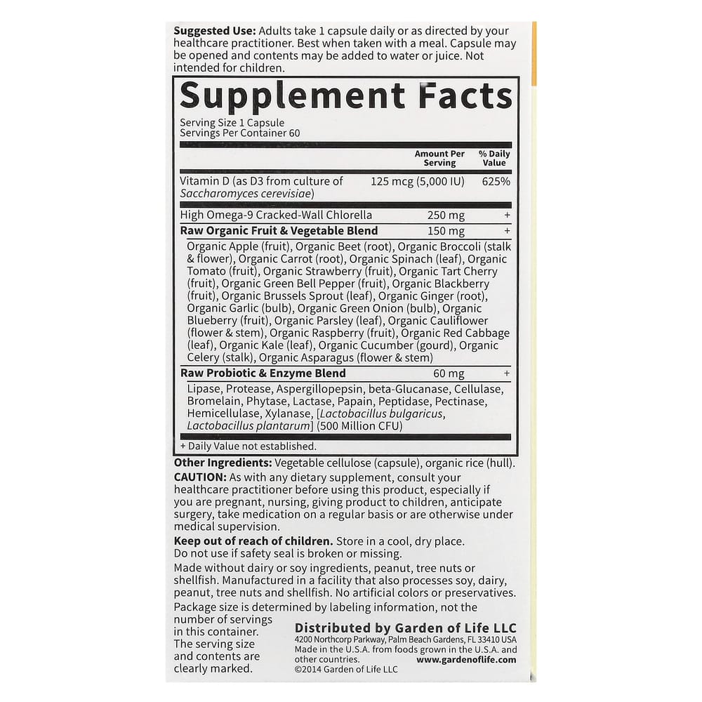 Garden of Life Vitamin Code RAW D3 125mg (5000 IU) Veggie Capsules 60 Counts