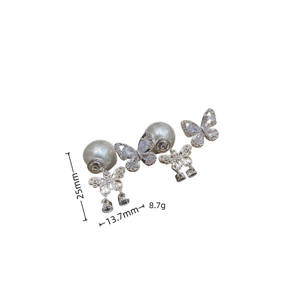 Copper Plated Thick Silver Super Fairy Inlaid Zircon Butterfly Tassel Two Wearing Earrings Female Sweet Temperament Stud Earrings