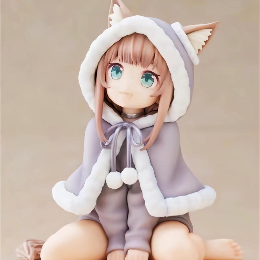 Cartoon-Katzenmädchen sitzt und isst Fisch Sojabohnenpulver Sitzhaltung kann Gesicht ändern Schönes Mädchen Figur Modell Spielzeug Geschenk