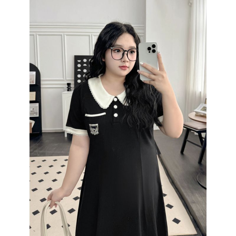 Plus size women clothing [Preppy Black Dress] Contrast Color Doll Collar Embroidered High Waist Belly Covering Summer Short sleeve Dress