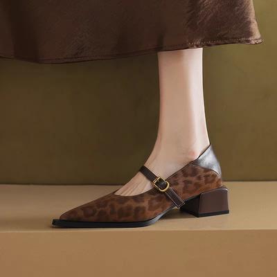 French Leopard Print Pointed Toe Block Heel Mary Jane Shoes Women's 2025 Summer New Slip Slip Single Soft Sole Shoes