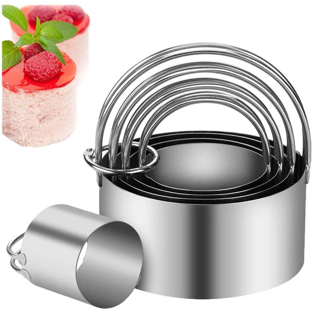 Five piece stainless steel cake ring set with handle for baking round biscuit pastry molds dishwasher safe and long lasting tool