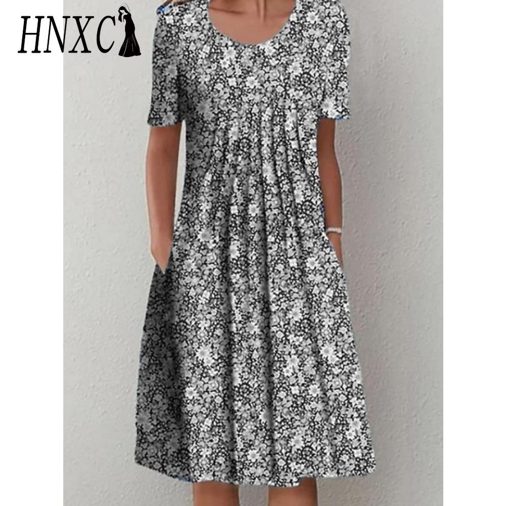HNXC 30 Color Pleated Midi Dress Short Sleeve Round Neck Loose Hem Mid-Calf Length Women Floral A-Line Party Dress Casual Wear