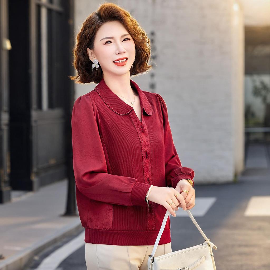 Stylish 2026 Spring Top for Middle-Aged & Elderly Women: Long-Sleeved, Slim-Fit Apparel