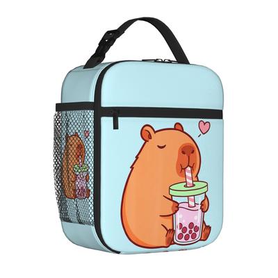 Cute Capybara Drinking Boba Tea Tote Insulated Lunch Bag Kawaii Portable Food Bags Leakproof Thermal Cooler Washable Bento Box