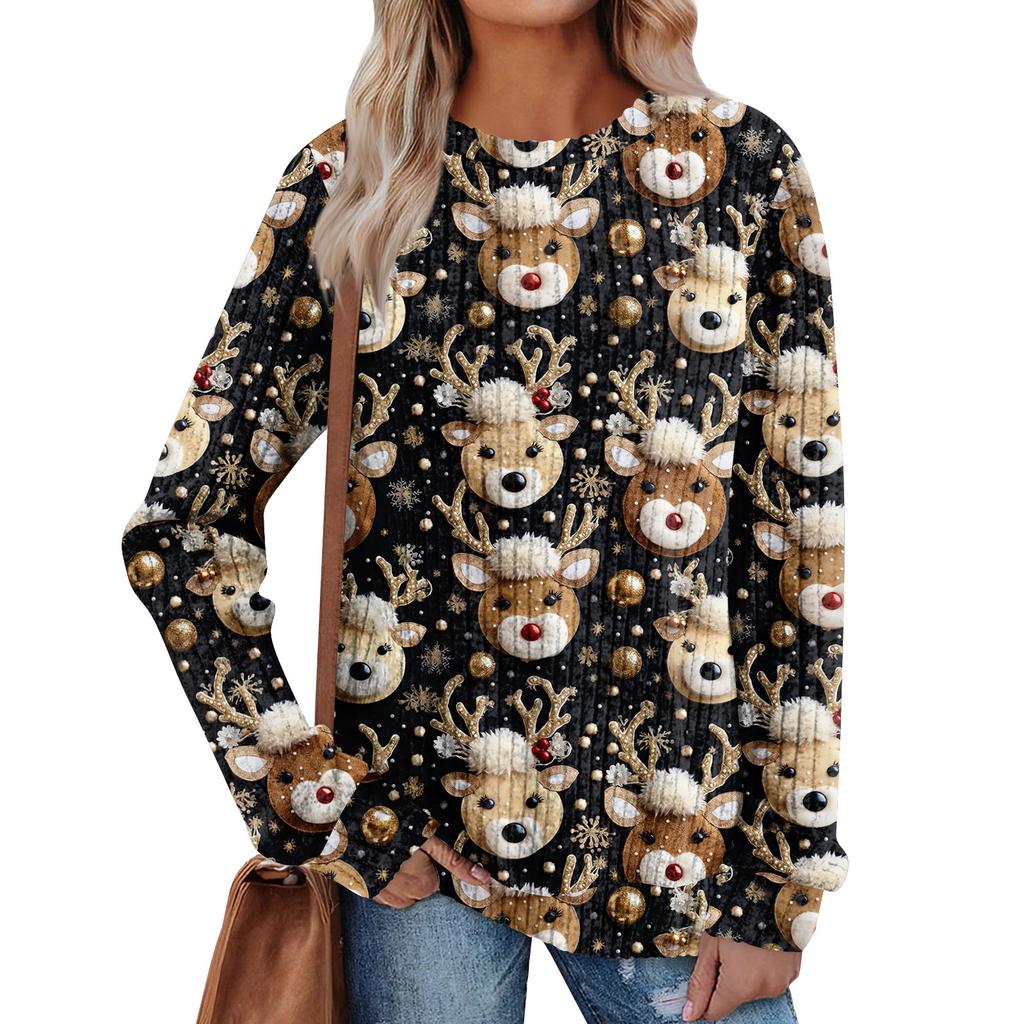 Damen bedrucktes leichtes Rundhals-Oberteil aus gebürsteter Baumwolle