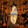 Playful Ghost Face Decoration Halloween Hanging Outdoor Decoration, Spooky LED Light Up Witch with Orange Bow Accents on Broom for Home, Tree, Porch,