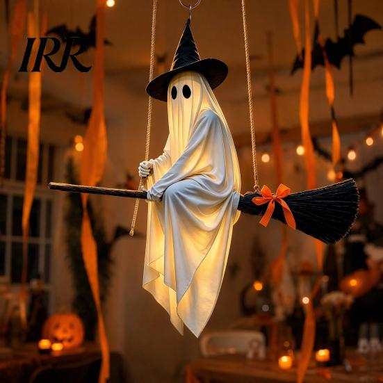 Playful Ghost Face Decoration Halloween Hanging Outdoor Decoration, Spooky LED Light Up Witch with Orange Bow Accents on Broom for Home, Tree, Porch,