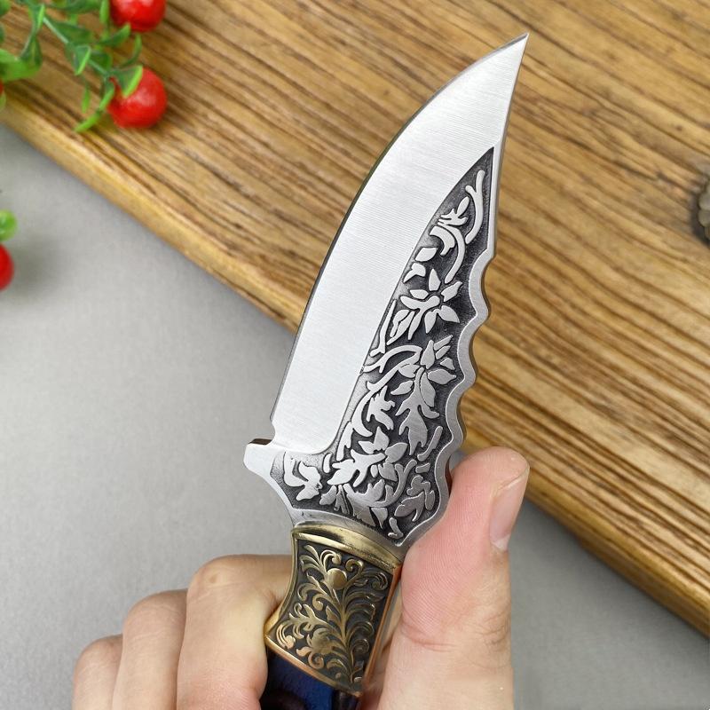 Kitchen Knife Thick Carved Pattern Handmade Knife Outdoor Barbecue Meat Eating Knife Stainless Steel Fruit Knife