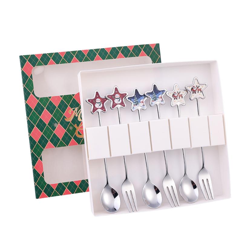2/6PCS Christmas Stir Spoon And Golden Dessert Fork Set With Five Star Tree Design For Christmas Eve Party Gift Tableware