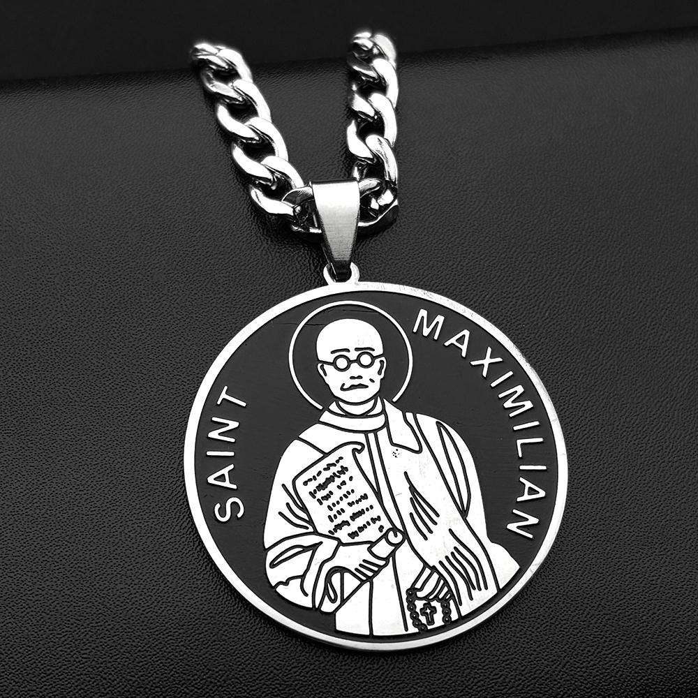 SAINT MAXIMILIAN KOLBE PRAY FOR US Stainless Steel Medal Pendant Necklaces for Women Men Silver Color Catholic Enamel Jewelry