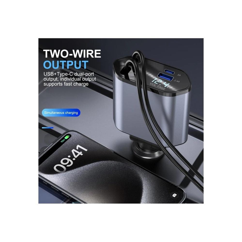 Car Charger - Fast Charging 4-in-1 Adapter with Collapsible Lightning & Type C Cables Dual USB Ports & Voltage Display - Compatible with iPhone iPad