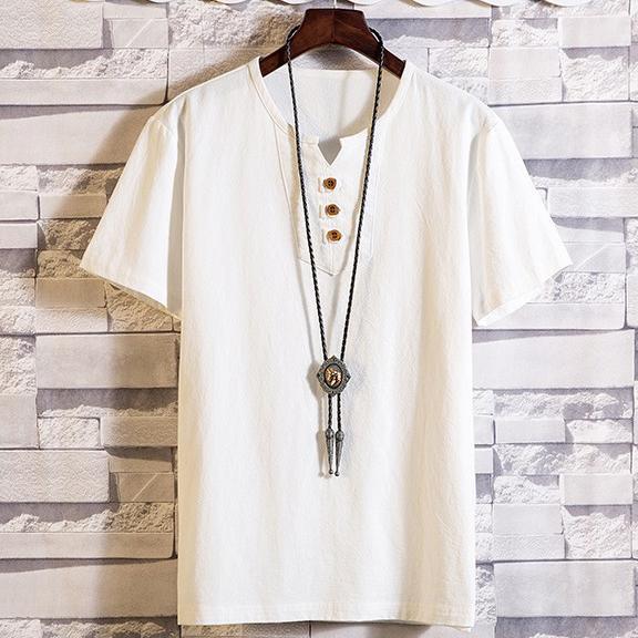 Camicie Estive da Uomo Bottoni Larghe Casual Maschili Scollo a V Manica Corta Harajuku Cotone Lino Maglietta Top