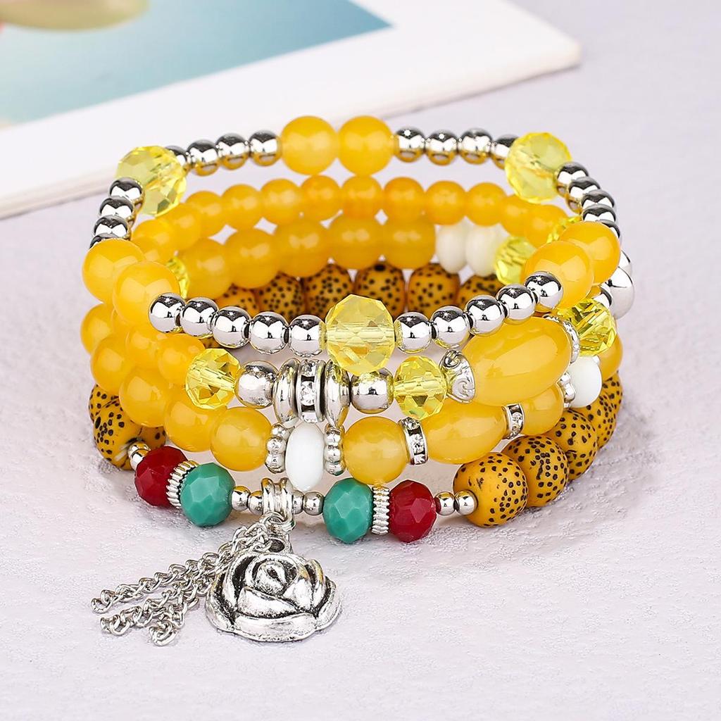 Bohemian Ethnic Layered Beaded Bracelet with Rose Flower Pendant
