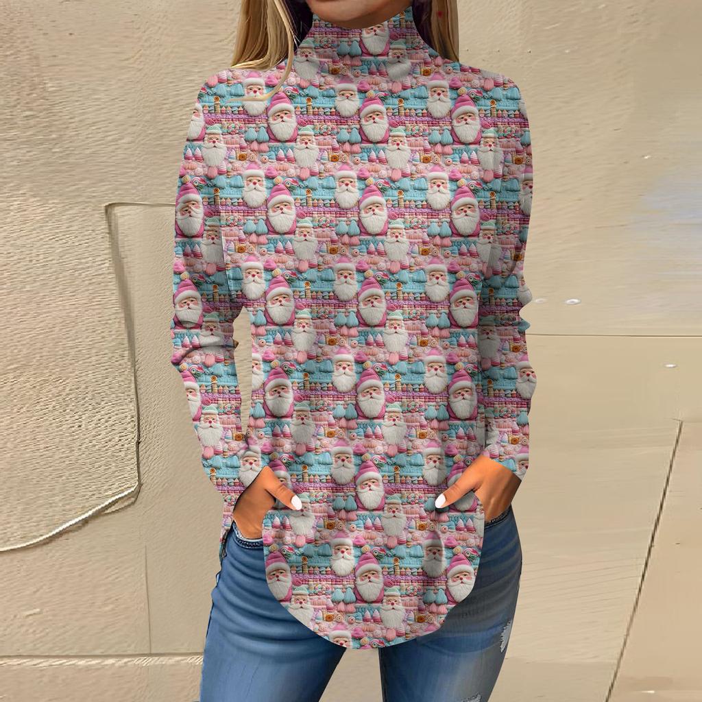 Damen Herbst Casual Langarmshirts Sweatshirt Vintage Bedrucktes High Neck Top Pullover