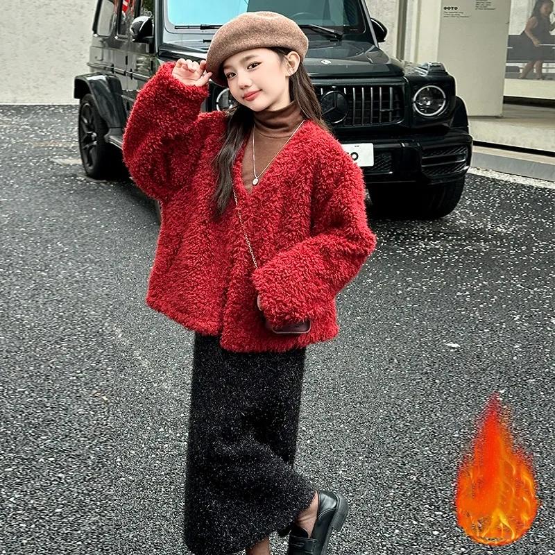 

Девичьи осенние, зимние и зимние костюмы, толстые свитера в западном стиле для больших детей, модные детские базовые вещи 120 красный