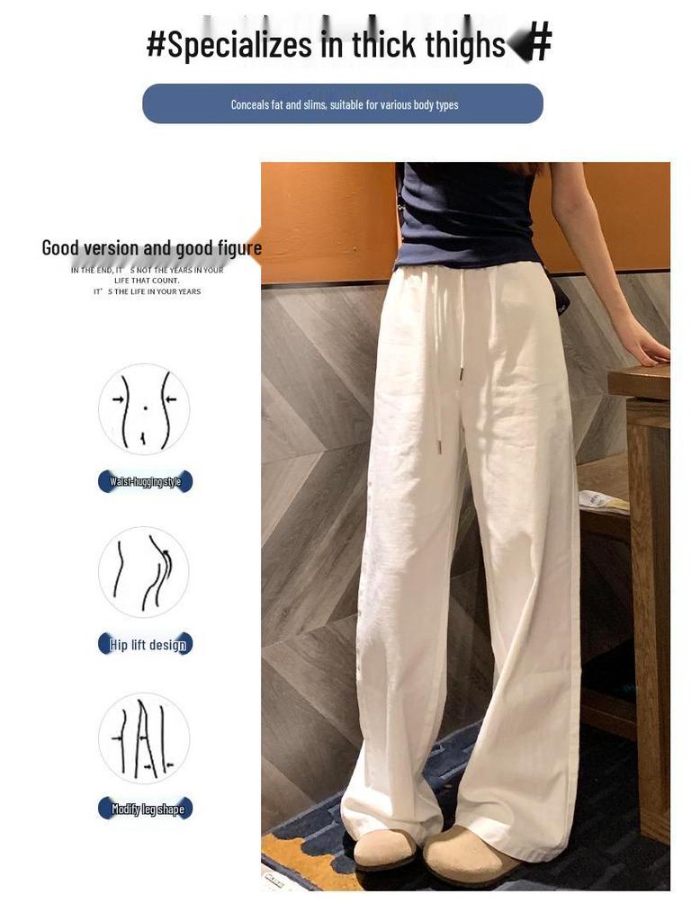 Women's White Wide-Leg Pants - Spring/Autumn 2025, Loose Cotton-Linen Denim, Floor-Length Casual Style