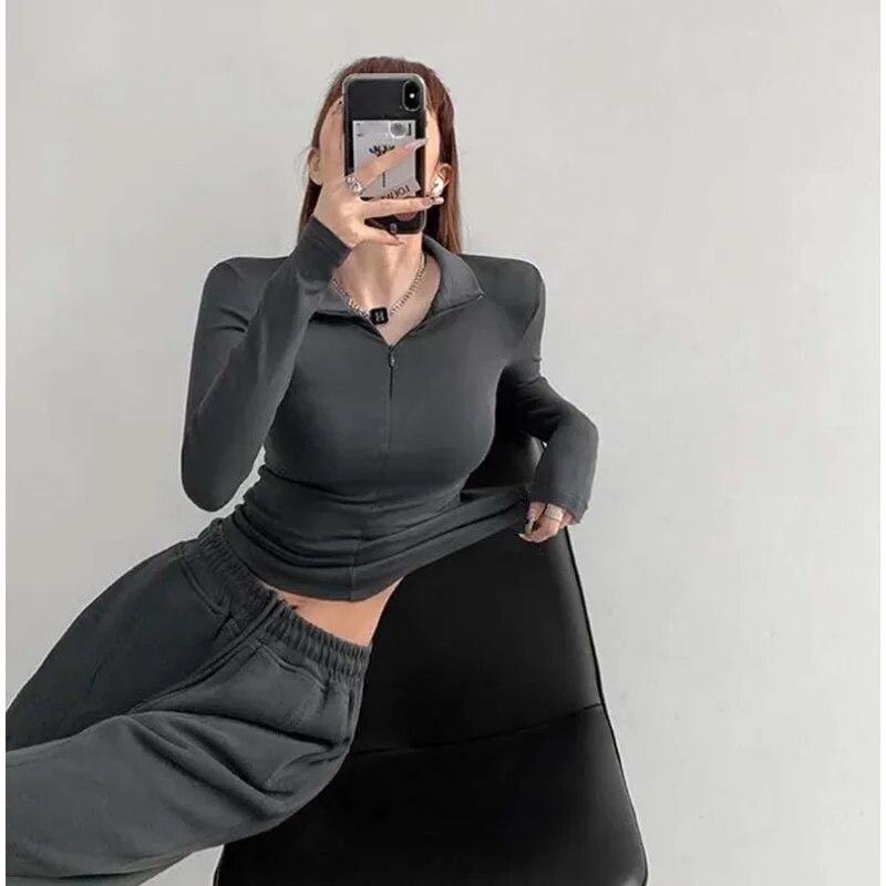 Elastic Tight Sexy Lapel Long Sleeve T-shirt Women Hottie Turndown Collar Slim Undershirt Inside Velveteen Sports Shirt Casual