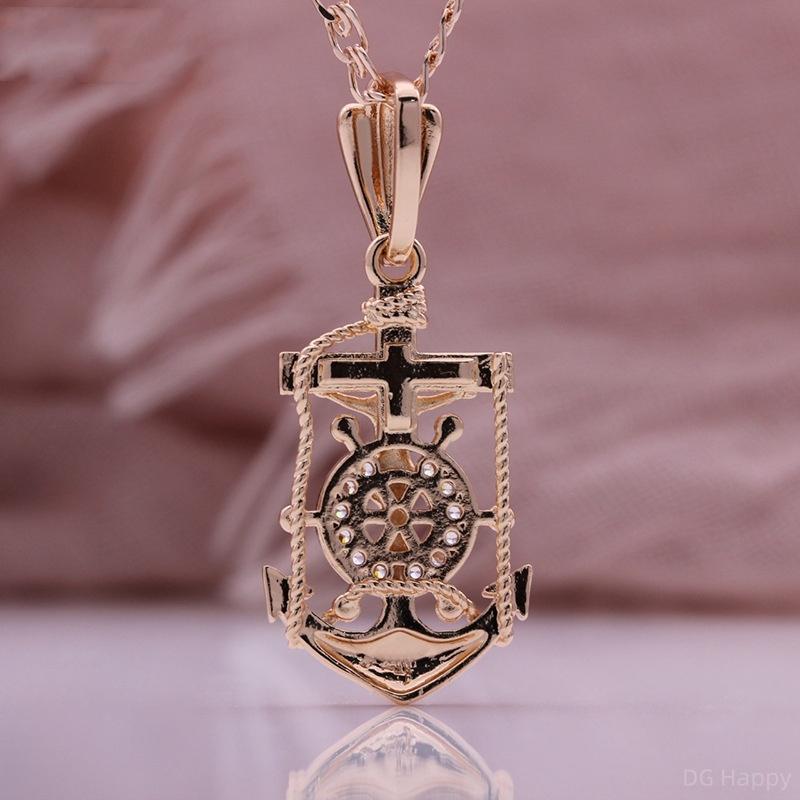 Fashion Hollowed Out Creative Boat Anchor Pendant Necklace Artificial Zircon Rose Gold Color Italian Craft Retro Style Necklace