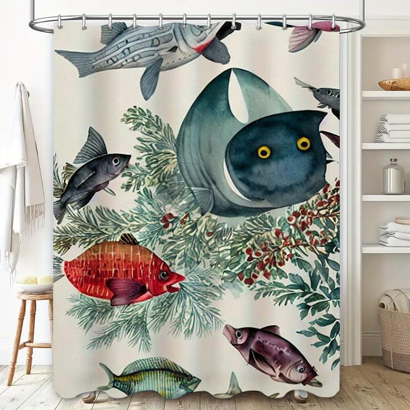 Unterwasserwelt Fisch Duschvorhang Grünes Blatt Rote Blume Design Für Badezimmerdekorationen Wasserdichtes Gewebe Mit Haken