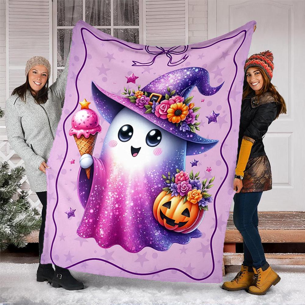 1pc Ghost Witch Hat Throw Blanket Polyester Fiber, Lightweight Flannel, Soft & Warm, All Season Use for Outdoor, Camping Digital Print