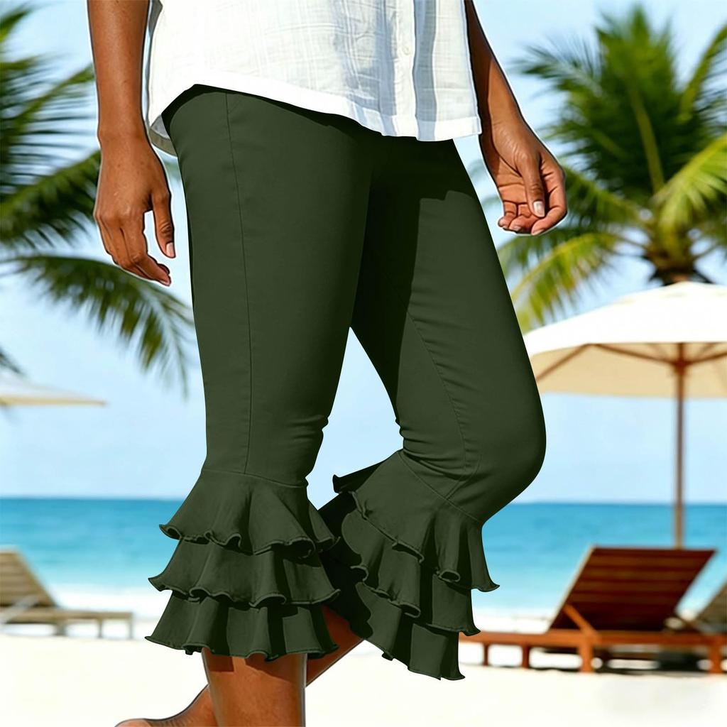 Damen Y2K Style Yoga Capri-Hose Lagen-Rüschensaum Kurze ausgestellte Leggings Sommerlich Lässig Stretch Schlanke Passform Ausgestellte Hose