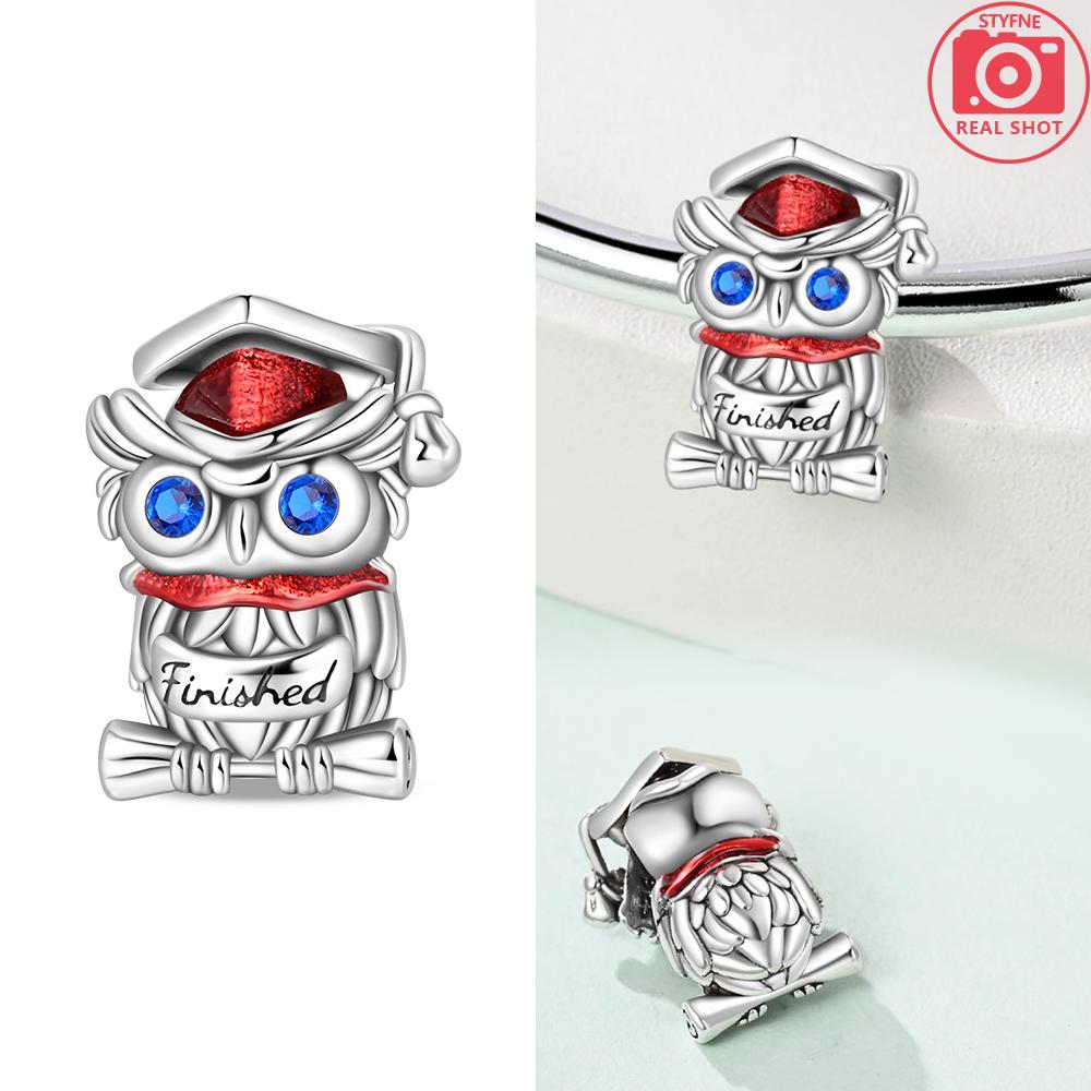 

925 Silver Graduation Book Pendant Owl Beads Bachelor Hat Charms Fit Bracelet Woman DIY Jewelry Exquisite Gifts Making