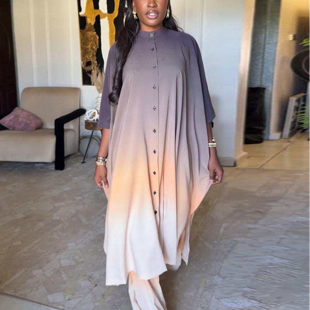 2026 Spring New Stand Collar Bat Sleeve Gradient Wide-Leg Pants Casual Loose Top Two-Piece Set