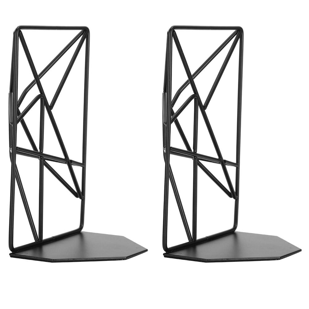 2Pcs Solid Geometry Book Stands Metal Hollow Desk Nonskid Bookend Shelf Heavy Duty Black