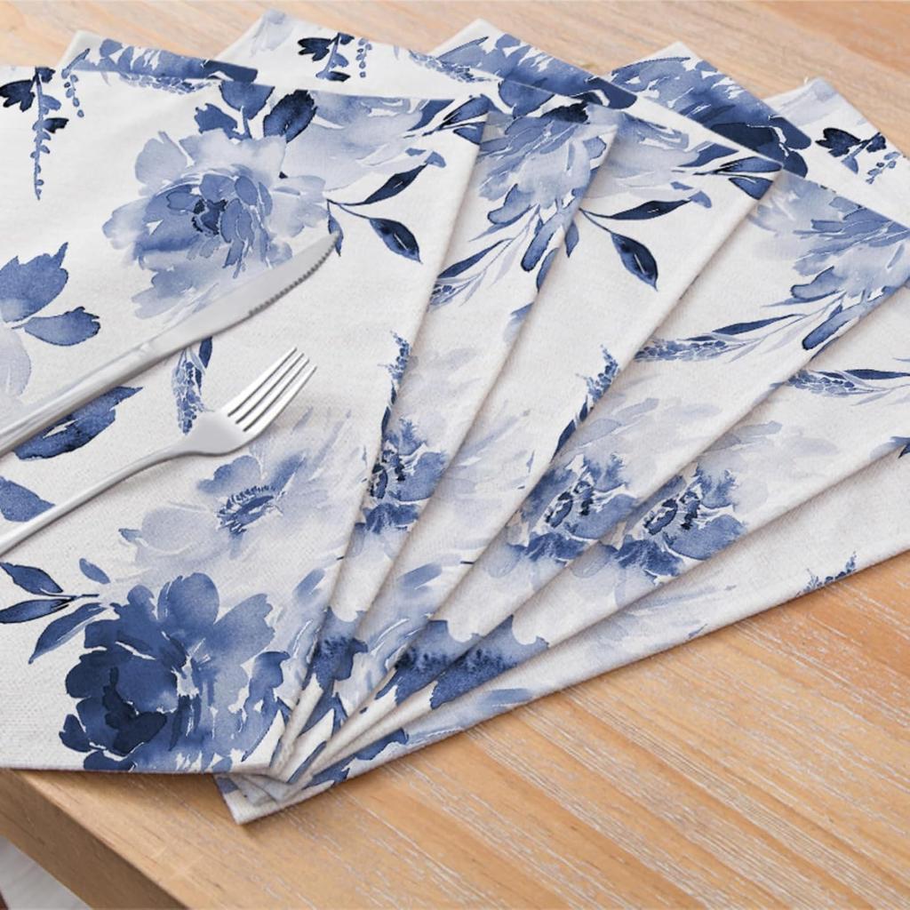 Blue Leaves Watercolor Placemats Set of 4, 12x18 Inch Spring Summer Leaves Table Place Mats for Kitchen Dining Home Party Decor