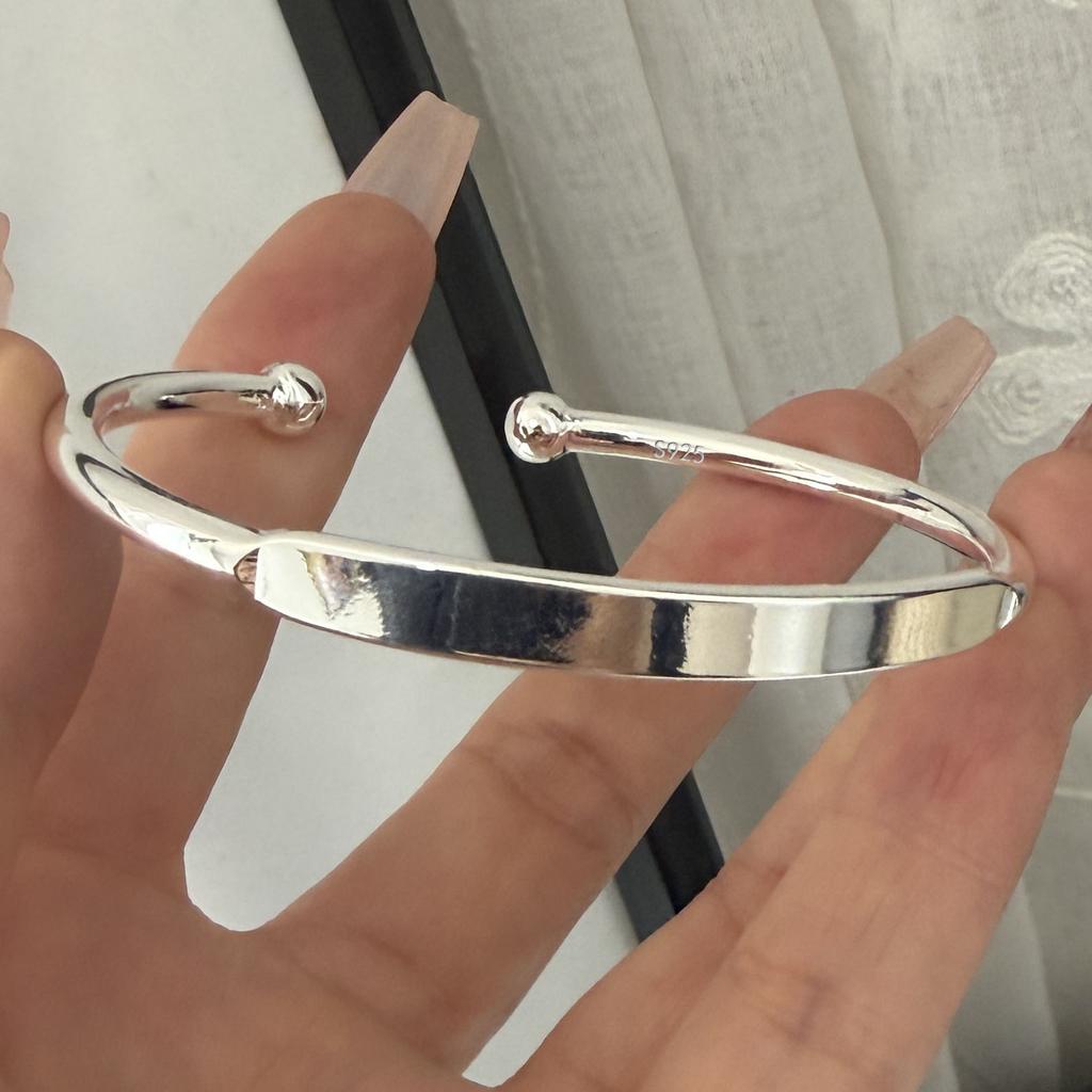 100% Solid 925 Sterling Silver Retro Bracelet for Women Men Vintage Handmade Flat Simple Bracelet Birthday Gift