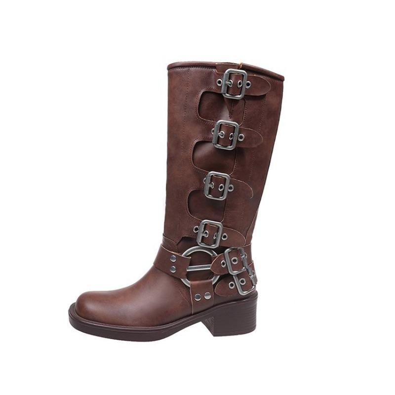 Belt-buckle Shoes, Chunk-heeled Boots, Women's Shoes, Retro Knee-high Boots