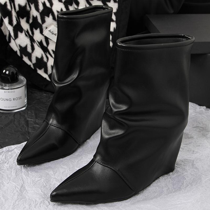 Damen Schuhe mit dünnem Absatz Winter Neu Spitzärmel Rutschfest Verschleißfest Temperament Hose Kurze Stiefel