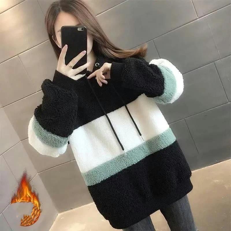 Dámská podzimní a zimní volná a silná teplá mikina s kapucí z jehněčí vlny s fleecem