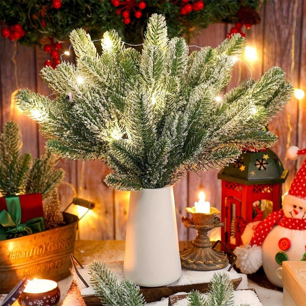 30pcs Christmas Tree Ornaments 10.24inches Snow-Dusted Pine Branches Green Flocked Needle Multi Purpose Decorative