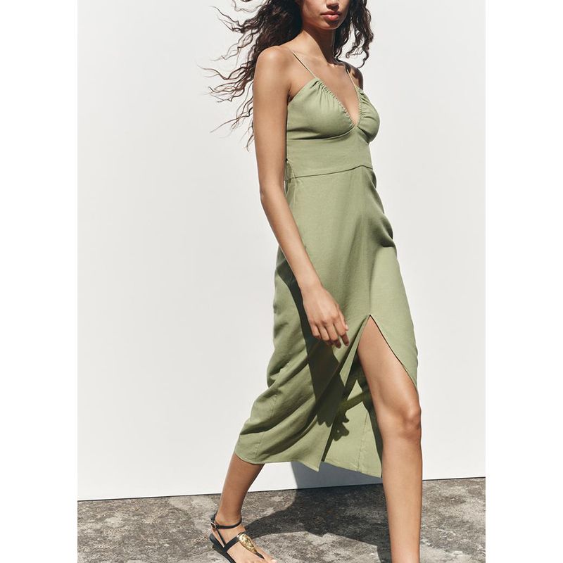 Summer New Product Women clothes European and American Leisure Pleat Decoration V-neck Sling Temperament Midi Dress 8372068