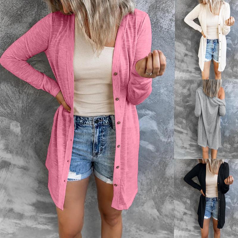 Spring and summer new women's long buttoned solid color casual sun-protective long-sleeve cardigan jacket