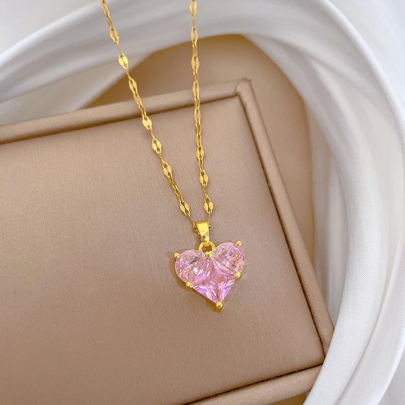 Titanium Steel Luxury Peach Heart Gold Necklace with Full Zircon Inlay - Women's Lucky Charm Clavicle Chain