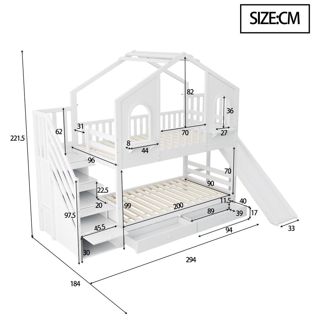 Letto a Castello per Bambini 90 x 200 cm, a Forma di Casa con Finestre Curve, con Scala a Cassetti e Scivolo, Cassetti, Letto Matrimoniale, Bianco