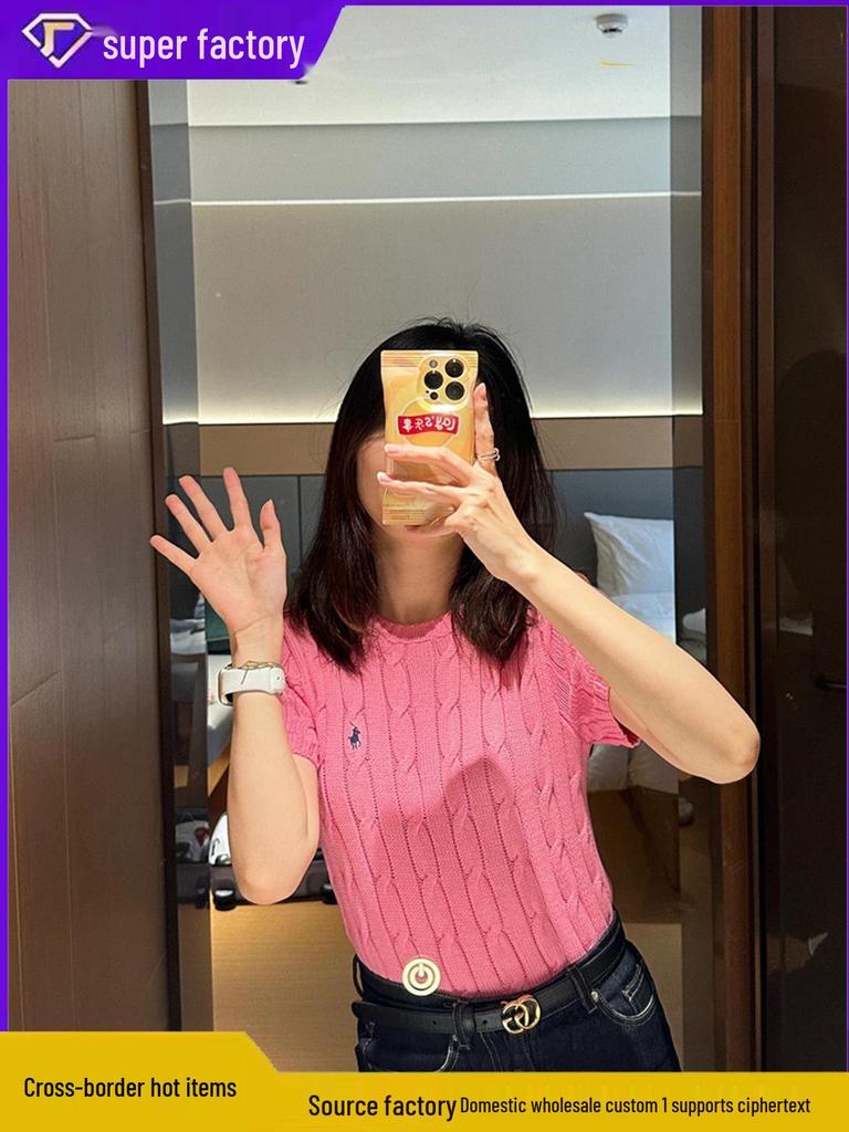 Ralph Lauren Classic Cable Knit Cotton T-shirt with Small Pony Logo, Round Neck, Short Sleeve Pullover.