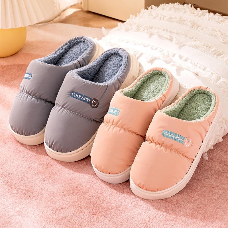 Down cloth waterproof and down cotton slippers new women's winter home non-slip thick bottom warm couple cotton drag men
